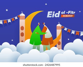 Cartoon Character Two Muslim Men Embracing with Crescent Moon, Skyline Mosque Minaret in Paper Cut Clouds Background. Islamic Festival of Eid Mubarak Poster or Greeting Card Design.