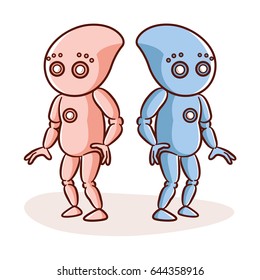 Cartoon Character Two Robots Sticker Vector Illustration