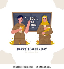 Cartoon character of two teacher standing in front of blackboard, Education vector illustration