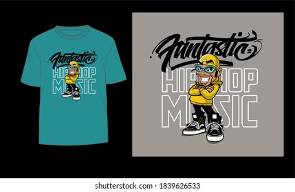 personaje de dibujos animados y tipografía para el concepto de camiseta de diseño