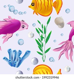Cartoon character. Underwater world Seamless pattern with Tropical fish, seaweed, starfish, pearl, shell, coral. Vector illustration.