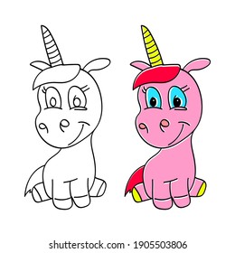 Cartoon character Unicorn color and outline on white background