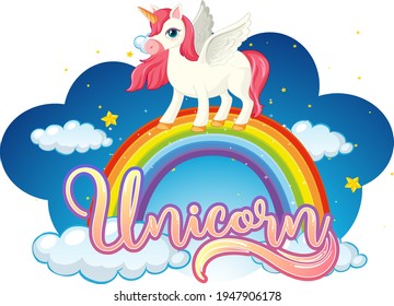 Cartoon character of unicorn standing on rainbow with unicorn font illustration