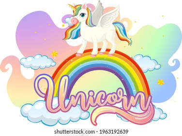 Cartoon character of unicorn standing on rainbow with unicorn font illustration