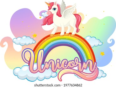 Cartoon character of unicorn standing on rainbow with unicorn font illustration