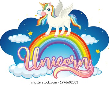 Cartoon character of unicorn standing on rainbow with unicorn font illustration