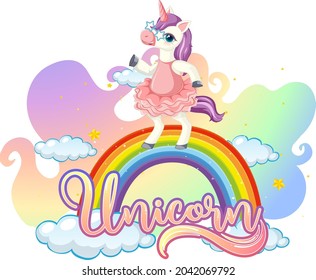 Cartoon character of unicorn standing on rainbow with unicorn font illustration
