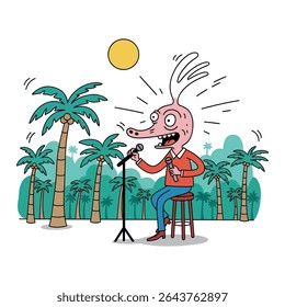 Um personagem de desenho animado com uma aparência única está realizando comédia stand-up no palco com palmeiras no fundo.