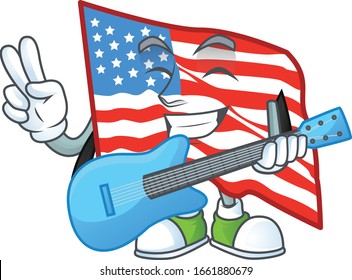 A cartoon character of USA flag playing a guitar