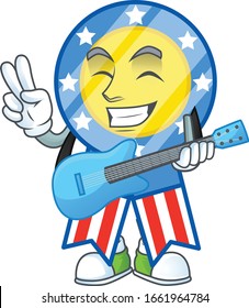 A cartoon character of USA medal playing a guitar