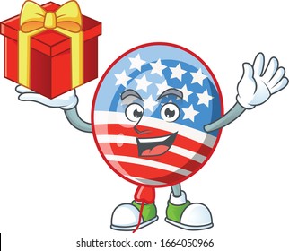 cartoon character of USA stripes balloon with a box of gift
