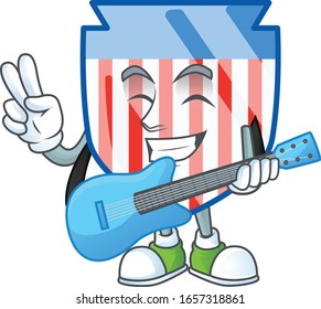 A cartoon character of USA stripes shield playing a guitar