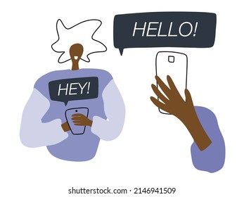 Cartoon Character Using Mobile Phone Clipart. Trendy Abstract Vector Design With Black Skin Gender Neutral Young Person, Hand Holding Gadget And Speech Bubbles With Text Showing Online Interaction.