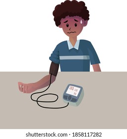 Cartoon character using pressure meter and having hypertension symptoms, vector illustration