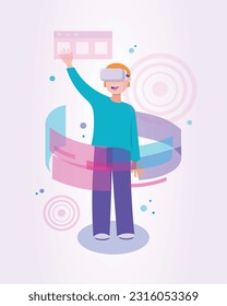 Caricatura con tecnología VR. Hombre usando auriculares VR y experimentando simulación de realidad virtual. Gente en concepto de realidad virtual. Ilustración vectorial plana en colores rosa y púrpura