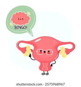 Cartoon character of a uterus celebrating a bingo win with cheerful expression and speech bubble