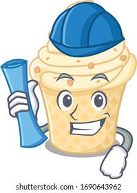 Cartoon character of vanilla ice cream brainy Architect with blue prints and blue helmet