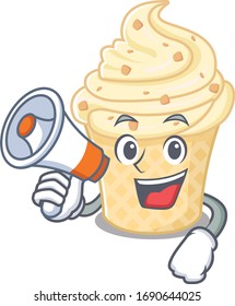 Cartoon character of vanilla ice cream having a megaphone