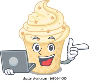 Cartoon character of vanilla ice cream clever student studying with a laptop