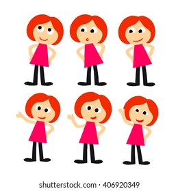 Cartoon character in various poses and emotions. A girl student of a student in a red dress