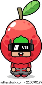 personaje de caricatura vector lindo guayaba traje de mascota de frutas jugando juego de realidad virtual