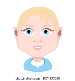 Cartoon character, vector drawing portrait child, male smile facial emotion, baby avatar, icon, sticker. Cute boy blonde with big blue eyes, smiling, cheerful and happy, isolated on white background