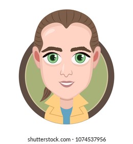 Cartoon character, vector drawing portrait guy, male smile facial emotion, man avatar, icon, sticker. Boy with long hair in tail, big green eyes in jacket in round frame, isolated on white background