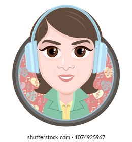 Cartoon character, vector drawing portrait girl in headphones listening to music, smile icon, sticker. Woman big brown eyes in round frame with a pattern notes and hearts, isolated on white background