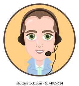 Cartoon character, vector drawing portrait boy call center operator, icon, sticker. Cute funny man with big eyes with a headset, headphones and microphone in round frame, isolated on white background