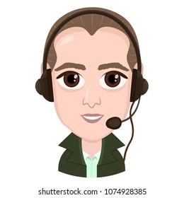Cartoon character, vector drawing portrait boy call center operator, smile emotion, icon, sticker. Man brunet with big brown eyes with headset, headphones and microphone, isolated on white background