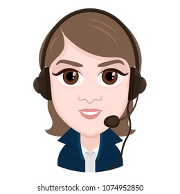 Cartoon character, vector drawing portrait girl call center operator, smile emotion, icon, sticker. Woman with big brown eyes with a headset, headphones and microphone, isolated on white background