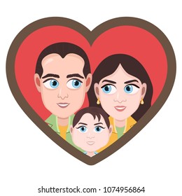 Cartoon character, vector drawing portrait happy family couples, icon, sticker. Loving husband, wife and child with big eyes smiling and cheerful in heart shaped frame, isolated on white background