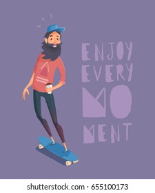 Cartoon character vector hipster with beard riding skateboard. The man in the cap. City citizen.