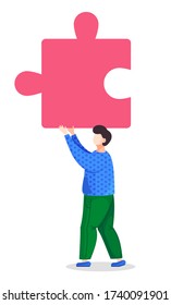 Caricatura en ilustración vectorial. Hombre o tipo sosteniendo pieza o elemento del rompecabezas. Parte del proyecto empresarial. Persona cargando trozo de rompecabezas, resolviendo el concepto de problemas de trabajo. Detalle del enorme rompecabezas