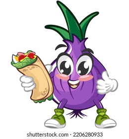 personaje de dibujos animados ilustración vectorial de cebollas cargando deliciosos burritos