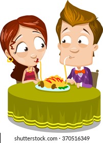 Cartoon character vector set of young couple eating spaghetti, and watch on each other. Isolated on white background