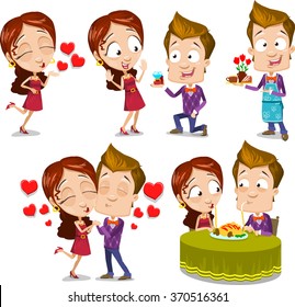 Cartoon character vector set of young couple kissing, making proposal, bringing breakfast, having dinner and love each other. Isolated on white background