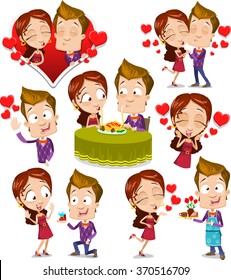 Cartoon character vector set of young couple kissing, making proposal, bringing breakfast, having dinner and love each other. Isolated on white background