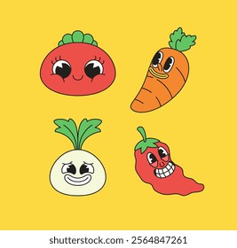 Cartoon character vegetable with playful expressions with retro vintage hand drawn style vector