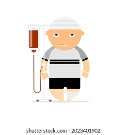 Cartoon character of a victim on blood transfusions drip.