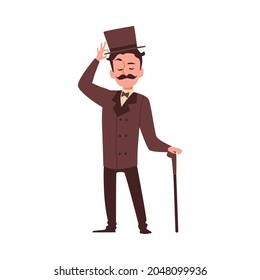 Cartoon character of a victorian english aristocrat. A gallant courteous man, a gentleman in an elegant brown suit, bowler and carrying a cane. Flat vector isolated illustration