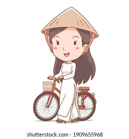 Cartoon Charakter der vietnamesischen Mädchen in traditionellen Kostümen mit Fahrrad gehen.