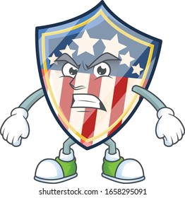 cartoon character of vintage shield badges USA with angry face