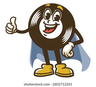 Cartoon character Vinyl record is in caped superhero style