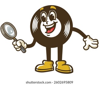 Cartoon character of a vinyl record holding a magnifying glass