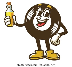 Cartoon character of a vinyl record holding a bottle of oil