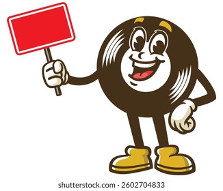 Cartoon character of vinyl record holding a blank sign board