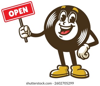 Cartoon character of a vinyl record holding an open sign