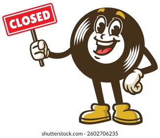 Cartoon character of vinyl record holding a closed sign