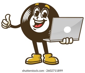 Cartoon character of vinyl record holding laptop